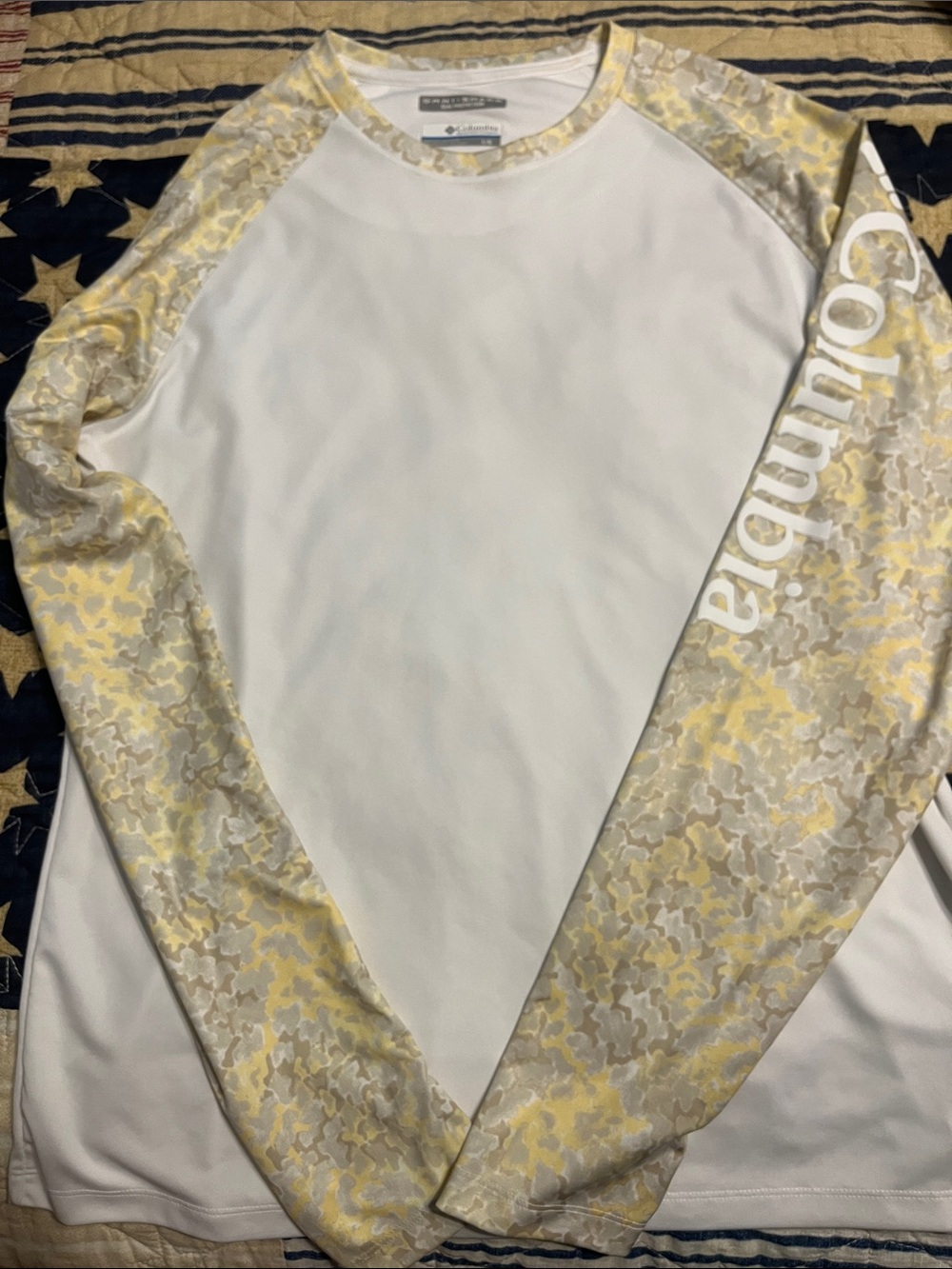 Columbia White Long-Sleeve Performance Top with Yellow Camouflage Sleeves